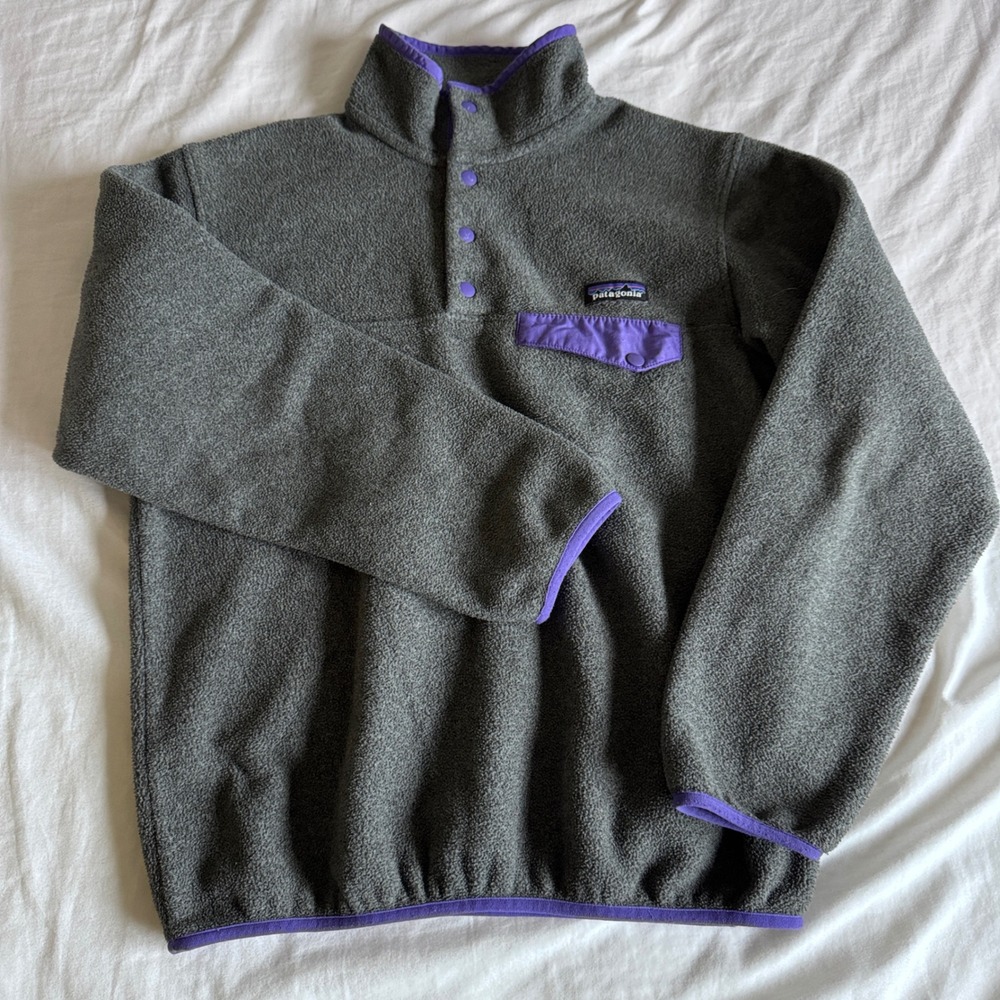 Patagonia Synchilla Fleece Pullover Womens Small Gray Purple Snap-T Pocket